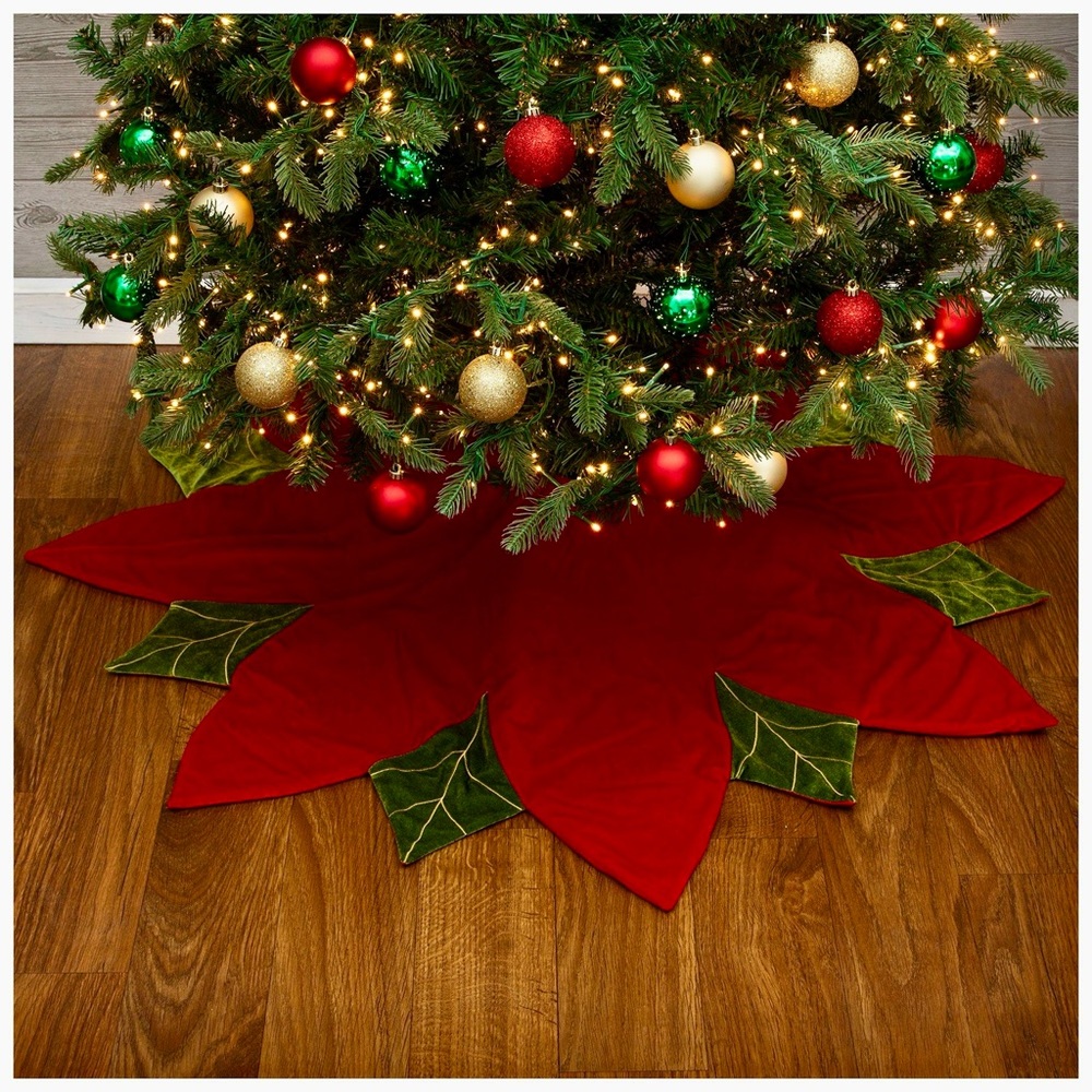 The Christmas Shoppe Tree Skirt NEW 52" 100% Polyester Poinsettia Red Velvetโ